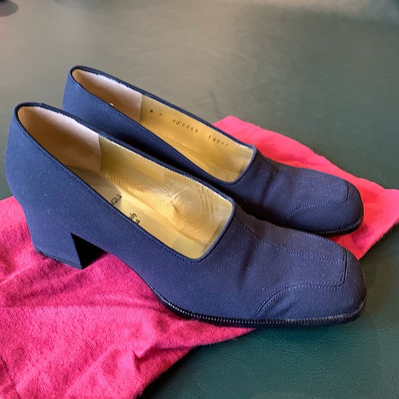 Vintage 90s BRUNO MAGLI Navy Square Toe Chunky Block Heels & Shoe Dust Bag - 7 B - Picture 16 of 16